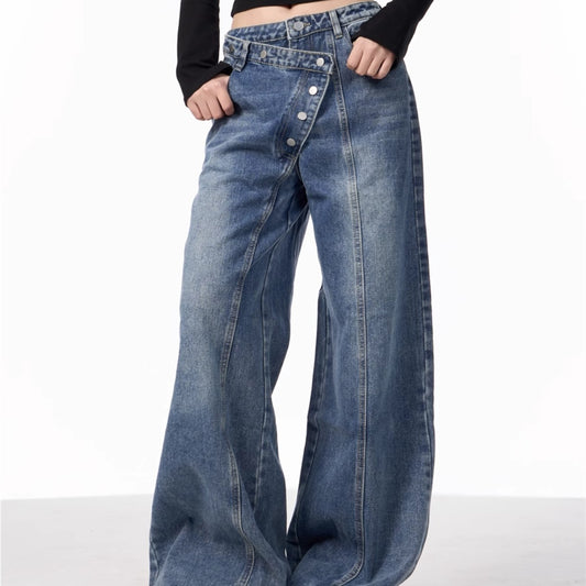 Pantalones Vaqueros Rectos Azules Cintura Alta Pierna Ancha Efecto Desgastado