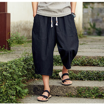 Pantalones Cortos Lino y Algodón Estilo Asiático Cintura Alta Pierna Ancha - Image 9