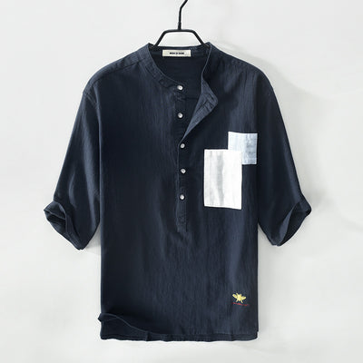 Camisa Hombre Manga Cinco Puntos Algodón Lino con Parches - Image 10