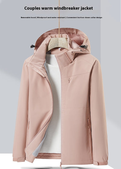 Lavender windproof sports jacket with a hood, full zipper, and fleece lining, shown on a hanger. - Image 33