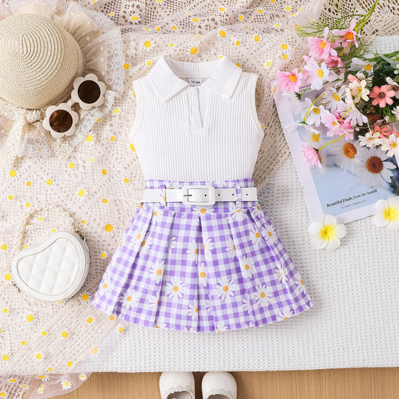 Conjunto de Tres Piezas para Niña: Top Sin Mangas a Rayas con Falda Cuadros Margarita y Cinturón
