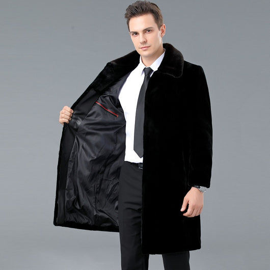 Abrigo de Cuero para Hombre Largo Hasta la Rodilla con Detalles de Piel de Cordero - Image 5