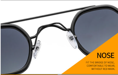 Green hexagonal frame sunglasses with blue to peach gradient lenses and gold-tone double bridge and temples. - Image 15
