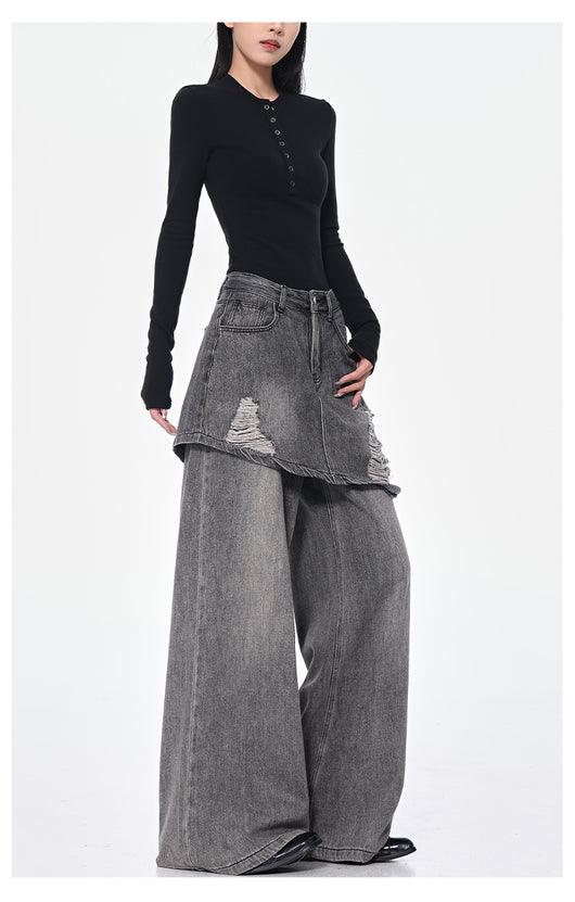 Pantalones Rectos Azul Vintage Efecto Desgastado Doble Tela para Mujer - Image 18