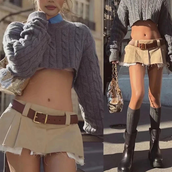 Falda Plisada Estilo Workwear Cintura Baja Efecto Dos Piezas