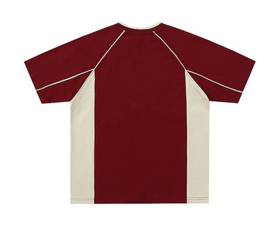 Men's khaki and red color contrast patchwork t-shirt with short raglan sleeves and a V-neck. - Image 12