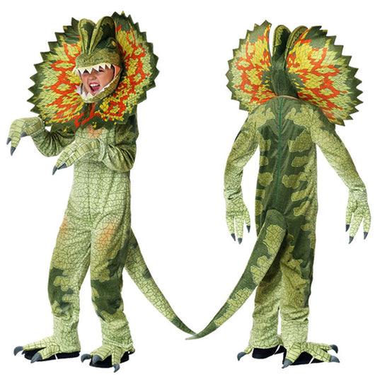 Child modeling a green frilled lizard dinosaur costume with orange and yellow frill, tail, and claws. - Image 6