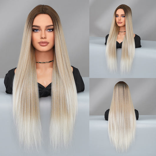 Peluca Larga Degradado Dorado Fibra Sintética Premium Cabello Liso Natural - Image 7