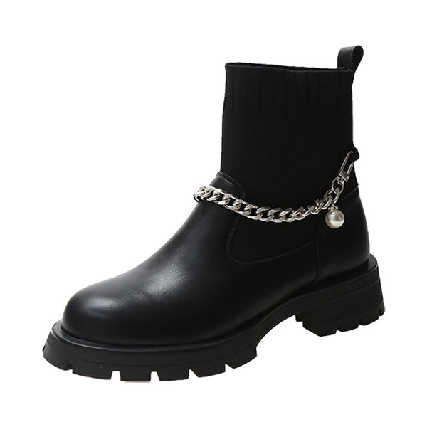 Botas Cortas Retro con Cadena Martin de Punto Elástico Doble Uso