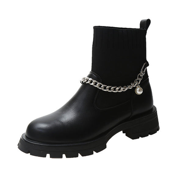 Botas Cortas Retro con Cadena Martin de Punto Elástico Doble Uso