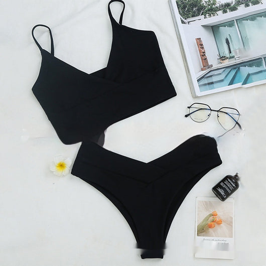 Bright yellow two-piece bikini swimsuit with a crop top and high-cut V-front bottoms, laid flat. - Image 21