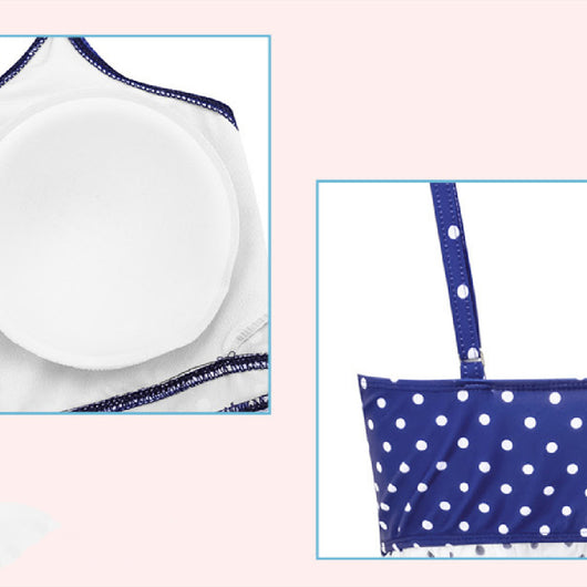 Woman in a cute and sweet three-piece swimsuit with a sheer white polka dot long-sleeve top and navy blue polka dot swim skirt. - Image 8