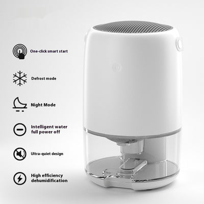 White compact dehumidifier with a transparent water tank, featuring a top grille and a power button. Highlights smart start, defrost, night mode, and quiet oper - Image 7