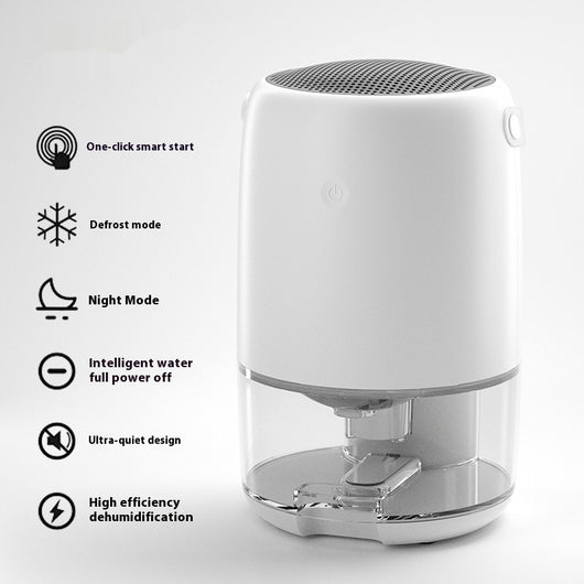White compact dehumidifier with a transparent water tank, featuring a top grille and a power button. Highlights smart start, defrost, night mode, and quiet oper - Image 7