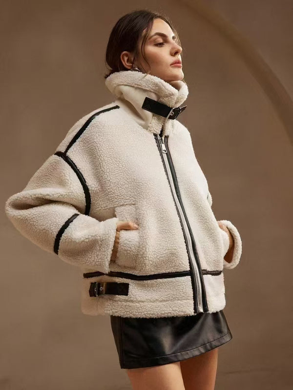 Chaqueta Motociclista de Cuero y Piel de Borrego Acolchada para Mujer - Image 6