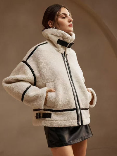 Chaqueta Motociclista de Cuero y Piel de Borrego Acolchada para Mujer - Image 6