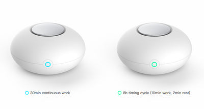 White mini ozone generator and air purifier with a round, compact design and a green indicator light. - Image 7