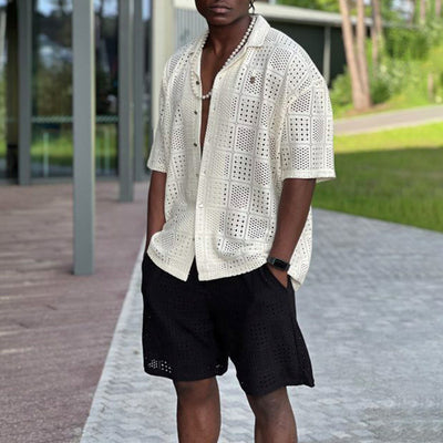 Conjunto de Camisa Hueca con Solapa y Shorts Sueltos para Hombre - Image 12