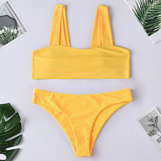 Dark green two-piece swimsuit with a bandeau top featuring horizontal ruching and high-cut bikini bottoms. - Image 15