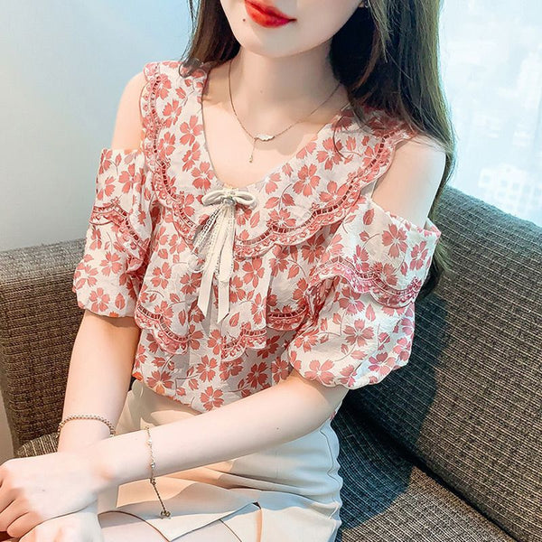Blusa Chiffon Floral Hombro Descubierto - Camisa Romántica de Manga Corta