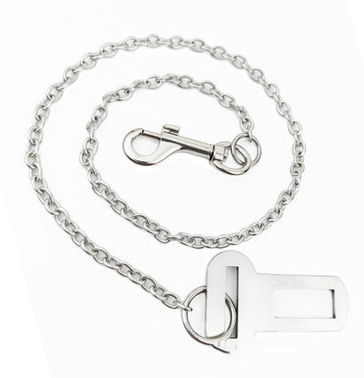 Stainless steel pet safety chain with a swivel snap hook and a seatbelt buckle attachment on a white background. - Image 10
