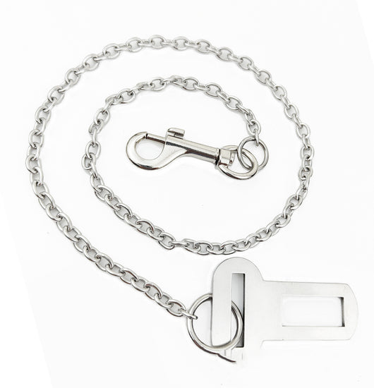 Stainless steel pet safety chain with a swivel snap hook and a seatbelt buckle attachment on a white background. - Image 10
