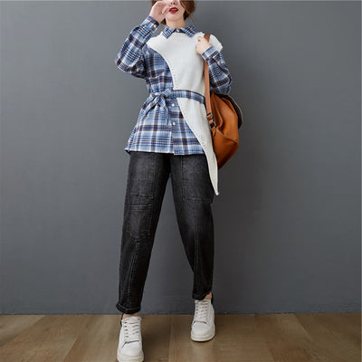 Conjunto de Dos Piezas: Camisa a Cuadros con Suéter Irregular - Image 3