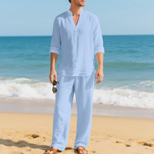 Conjunto de Pantalón y Camiseta Henley Suelta Transpirable para Hombre - Ropa de Playa Casual - Image 39