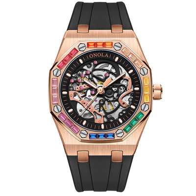 Reloj Automático para Hombre con Banda de Silicona Arcoíris y Diamantes - Image 5