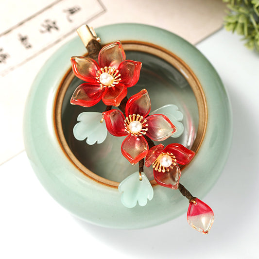 Horquilla de Flor de Cristal Antigua Roja para Traje Hanfu