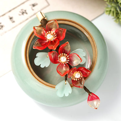 Horquilla de Flor de Cristal Antigua Roja para Traje Hanfu