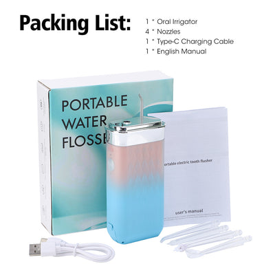 Portable water flosser in gradient pink and blue with four nozzles, a charging cable, and its product box. - Image 19