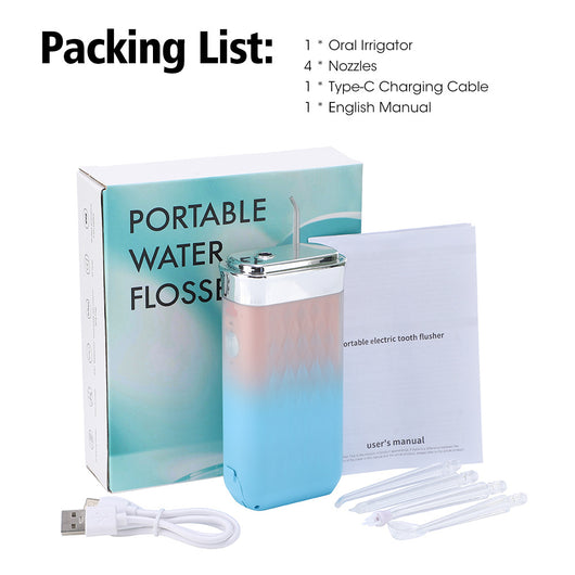 Portable water flosser in gradient pink and blue with four nozzles, a charging cable, and its product box. - Image 19