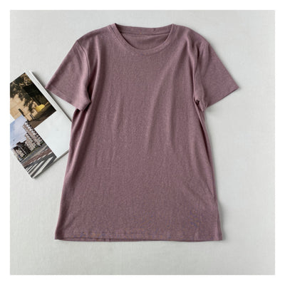 Playera Holgada de Algodón y Lino Manga Corta Cuello Redondo - Image 76