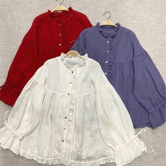 Blusa Lino Artística Estilo Japonés con Mangas Princesa