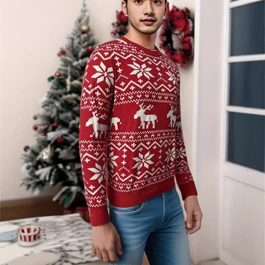 Women's black, red, and white Christmas sweater with reindeer and snowflake fair isle patterns, round neck, long sleeves.