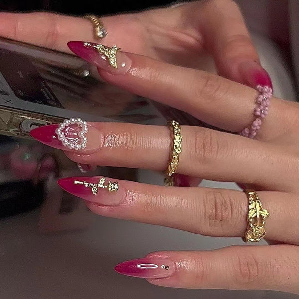 Uñas Postizas Efecto Perla Rosa Degradado 3D