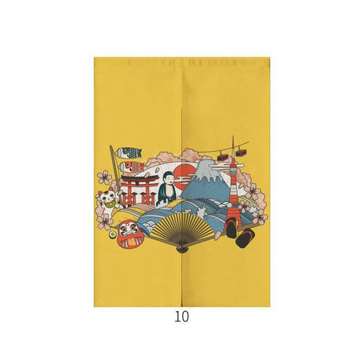 Japanese style noren door curtain with two red and blue Ukiyo-e koi fish on a cream wave pattern background. - Image 11
