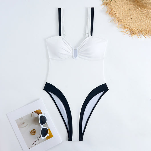 White one-piece women's swimsuit with black side panels and straps, featuring a ruched bust and U-shaped detail. - Image 9