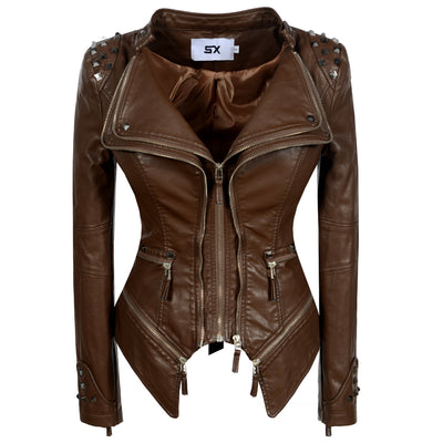Chaqueta de Cuero Motociclista Ajustada con Remaches para Mujer - Image 5