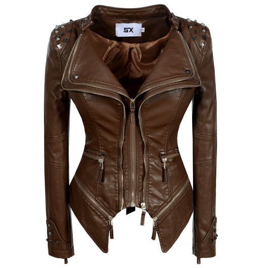 Chaqueta de Cuero Motociclista Ajustada con Remaches para Mujer - Image 5