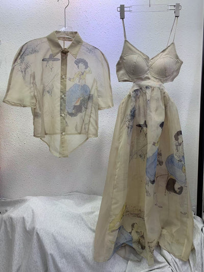 Conjunto Artesanal Dos Piezas: Blusa Chifón Pintada a Mano con Falda Suspender Cintura Alta - Image 6