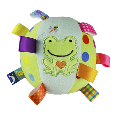 Plush ball toy with a brown polka dot base, yellow monkey embroidery, and colorful fabric tags. - Image 4