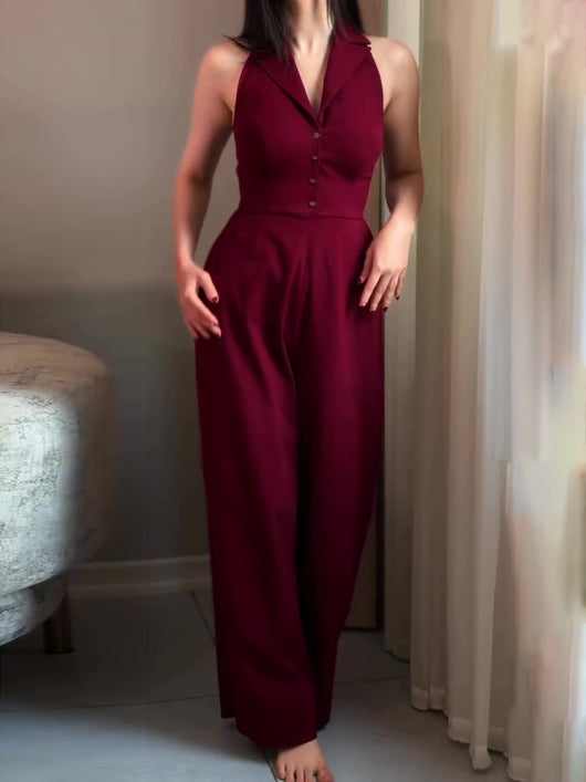 Jumpsuit Burgundy Elegante sin Espalda con Cordones - Image 4