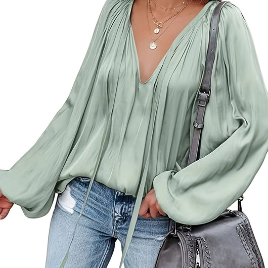 Blusa de Satén con Cuello en V y Mangas Largas para Mujer - Image 12