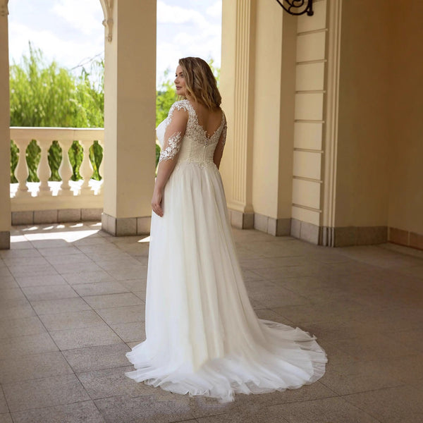 Vestido de Novia Talla Grande Escote V Encaje y Falda Voluminosa