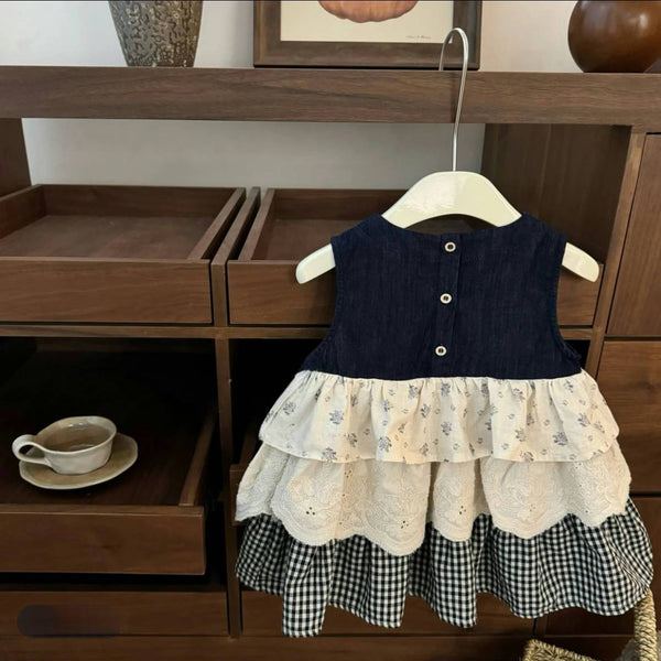 Vestido Bandage Denim con Detalles de Cuadros y Costura Decorativa