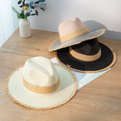 Sombrero de Paja Retro con Combinación de Colores y Protección Solar