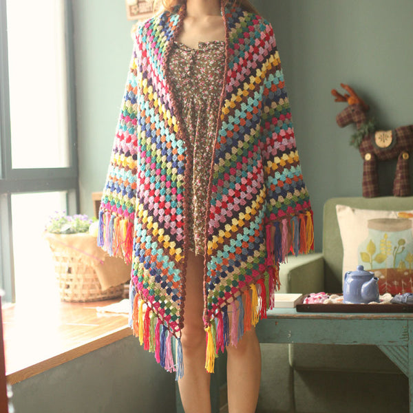 Chal Vintage Tejido a Mano con Borlas Multicolor