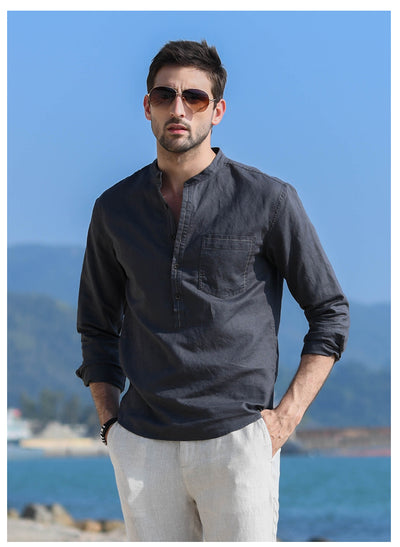 Camisa Casual de Lino y Algodón con Cuello Mao para Hombre - Image 17